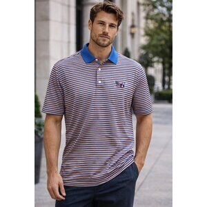 Peter Millar Men's Polo Shirt L Blue Orange Striped Cotton Golf Casual Flag Logo